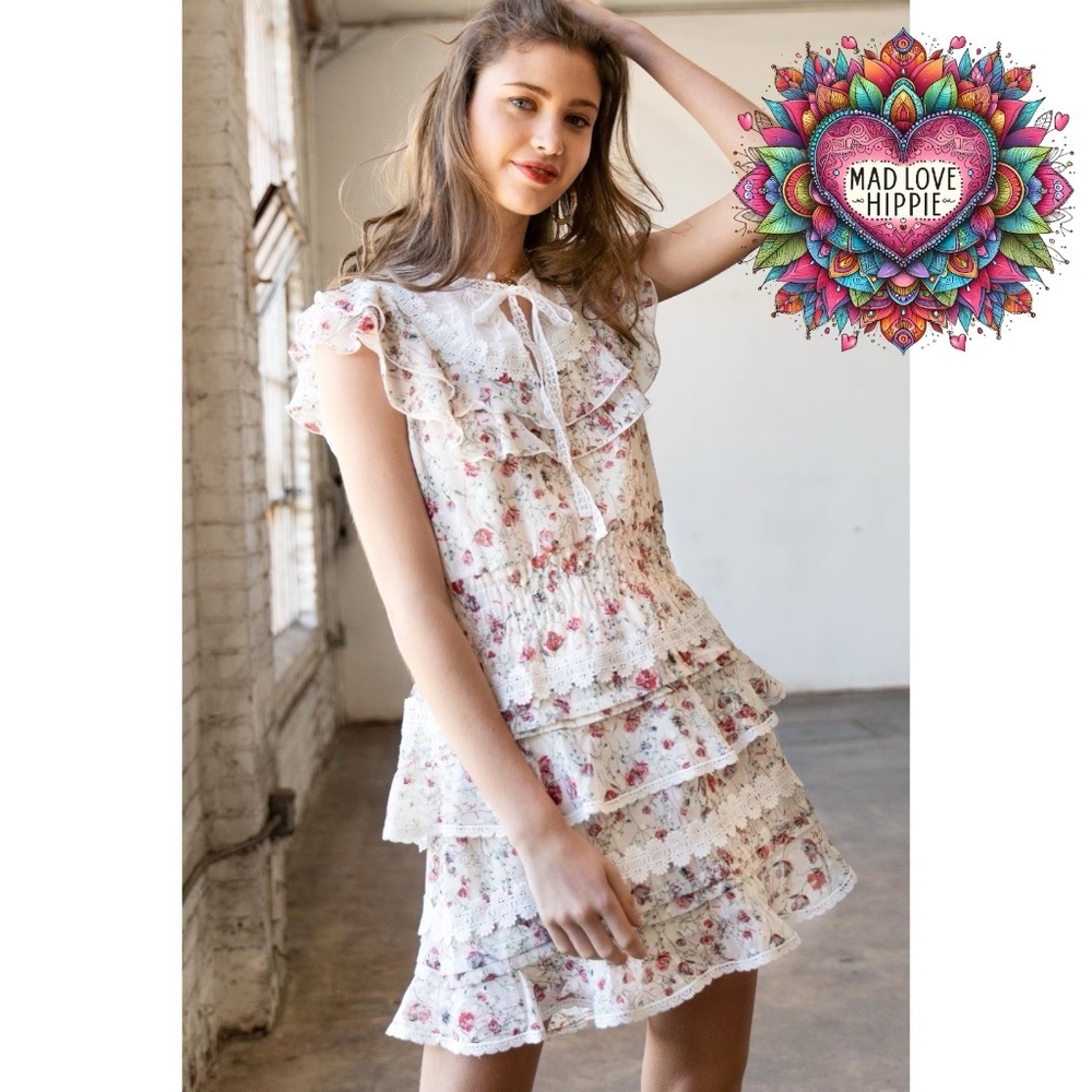 POL Cream & Pink Floral Ruffle Tiered Mini Dress with Bow - Picture 3 of 9